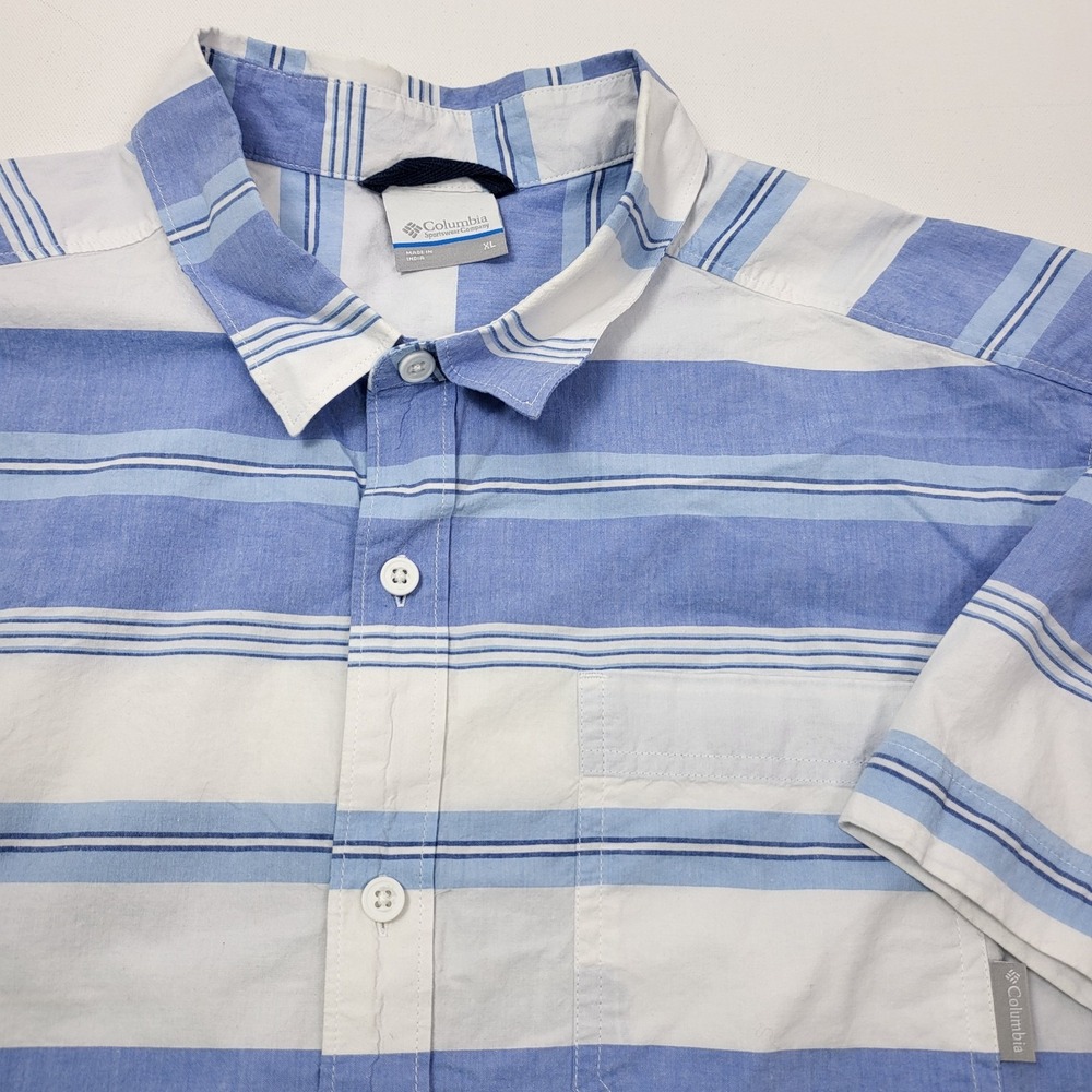Columbia Mens Short Sleeve Button Up Shirt Blue White‎ Striped XLarge Cotton